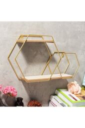 Living and Home 2 Tier Wall Floating Shelf Modern Hexagonal Plant Stand in Gold