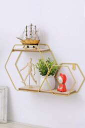 Living and Home 2 Tier Wall Floating Shelf Modern Hexagonal Plant Stand in Gold - thumbnail 6