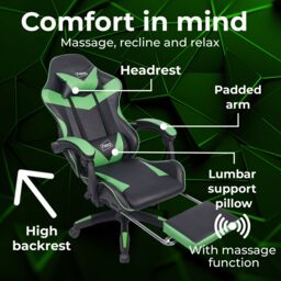 Neo Foot Turbo Massage Leather Recliner PC Gaming Chair with Footrest in Green - thumbnail 4