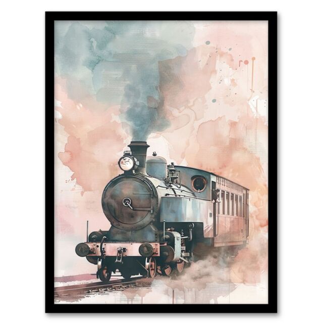 "Artery8 Steam Train Blue Pink Watercolour Railfan Spotter Framed Art Print - Size: W12"" x H16""" - image 1