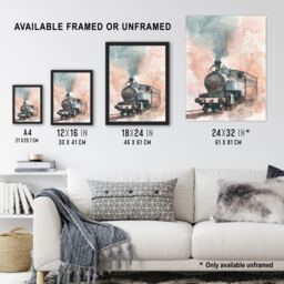"Artery8 Steam Train Blue Pink Watercolour Railfan Spotter Framed Art Print - Size: W12"" x H16""" - thumbnail 3