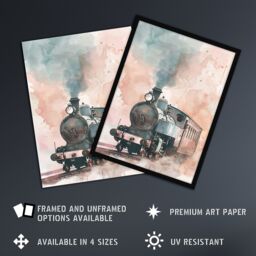 "Artery8 Steam Train Blue Pink Watercolour Railfan Spotter Framed Art Print - Size: W12"" x H16""" - thumbnail 2