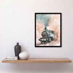"Artery8 Steam Train Blue Pink Watercolour Railfan Spotter Framed Art Print - Size: W12"" x H16""" - thumbnail 4