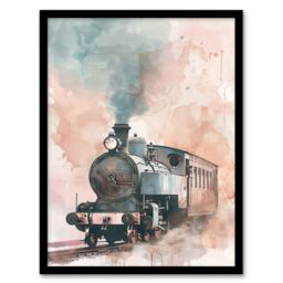 "Artery8 Steam Train Blue Pink Watercolour Railfan Spotter Framed Art Print - Size: W12"" x H16""" - thumbnail 1