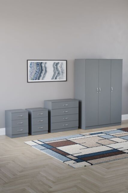 Home Discount Vida Designs 4Pc Bedroom Set 2x3Drawer Bedside, 4Drawer, 3 Dr Wardrobe in Grey - image 1