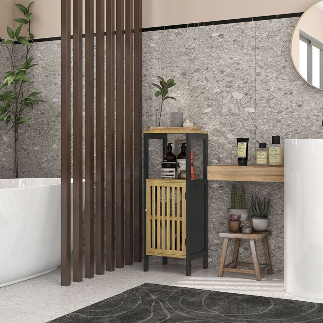 HOMCOM Bathroom Floor Cabinet Bathroom Cupboard with Adjustable Shelf, Black - image 1
