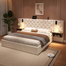BTM King Upholstered Bed with Charging Station Beige Velvet Hydraulic
