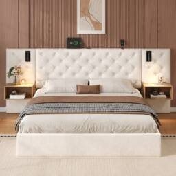 BTM King Upholstered Bed with Charging Station Beige Velvet Hydraulic - thumbnail 4