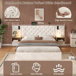 BTM King Upholstered Bed with Charging Station Beige Velvet Hydraulic - thumbnail 8