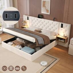 BTM King Upholstered Bed with Charging Station Beige Velvet Hydraulic - thumbnail 6