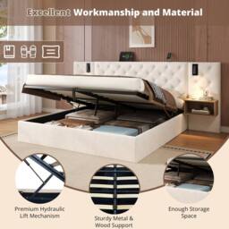 BTM King Upholstered Bed with Charging Station Beige Velvet Hydraulic - thumbnail 9