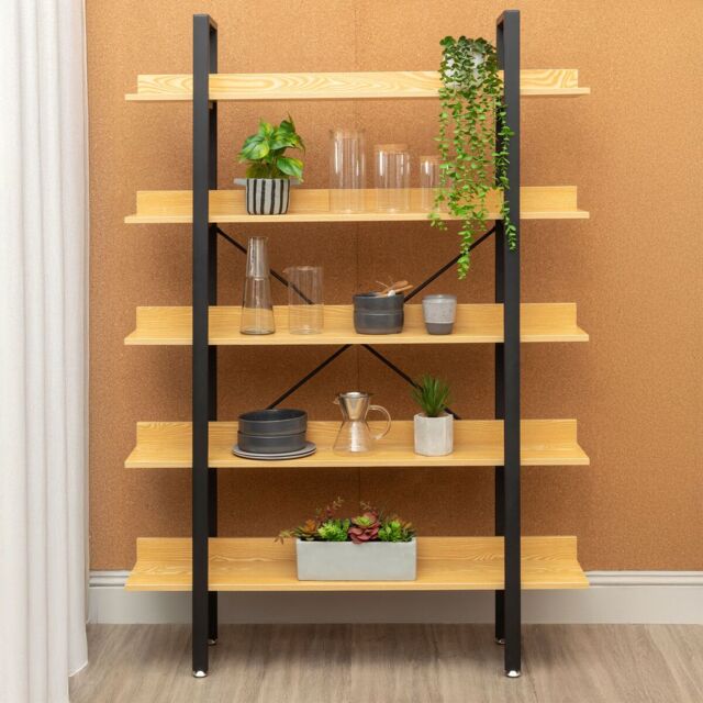 Orsina 5 Tier Light Yellow Shelves & Black Frame Shelf Unit, Bookcase Shelving, Display Unit With Wooden Shelves - image 1