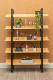 Orsina 5 Tier Light Yellow Shelves & Black Frame Shelf Unit, Bookcase Shelving, Display Unit With Wooden Shelves - thumbnail 6