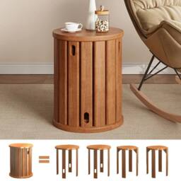 VOGREX 4-In-1 Wood Stool Set of 4 Stackable Round Nest Side Table 18 Inch in Brown - thumbnail 4