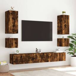 Berkfield Home TV Wall Cabinet with LED Lights Smoked Oak 100x35x31 cm in Brown - Size: 100 x 35 x 31 cm - thumbnail 7