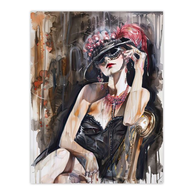 "Artery8 Dark Modern Flapper Venetian Mask Portrait Wall Art Print in Grey - Size: W12"" x H16""" - image 1