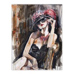 "Artery8 Dark Modern Flapper Venetian Mask Portrait Wall Art Print in Grey - Size: W12"" x H16""" - thumbnail 1