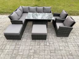 Fimous Outdoor Garden Furniture Set Wicker PE Rattan Height Adjustable Rising Lifting Table Sofa Dining Set with 2 Big Footstool 2 Armchairs - thumbnail 2