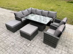 Fimous Outdoor Garden Furniture Set Wicker PE Rattan Height Adjustable Rising Lifting Table Sofa Dining Set with 2 Big Footstool 2 Armchairs - thumbnail 1