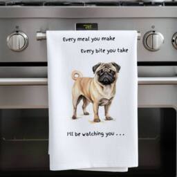Animal Crackers Dog Tea Towel With 'Watching You' Funny Wording - Pug in White - thumbnail 2