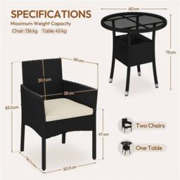 Kelvenix 3-Piece Rattan Furniture Set Black/Beige in Black - Size: 0.6m2 - thumbnail 2