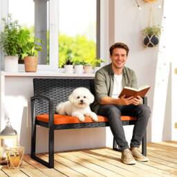 OUTSUNNY 2 Seater Rattan Garden Bench with Cushion, Steel Frame, Orange - thumbnail 1