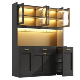 Merax Tall Kitchen Dresser Cabinet with LED & Side Pull-Out Shelves in Black - thumbnail 7