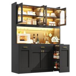 Merax Tall Kitchen Dresser Cabinet with LED & Side Pull-Out Shelves in Black - thumbnail 3