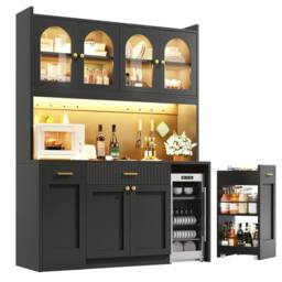 Merax Tall Kitchen Dresser Cabinet with LED & Side Pull-Out Shelves in Black - thumbnail 1