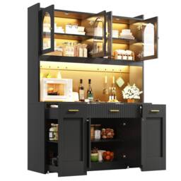 Merax Tall Kitchen Dresser Cabinet with LED & Side Pull-Out Shelves in Black - thumbnail 4
