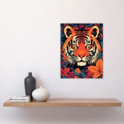 "Artery8 Tangerine Tiger Artwork Bold Bright Amber Orange & Red On Teal Unframed Wall Art Print Poster Home Decor Premium - Size: W12"" x H16""" - thumbnail 4
