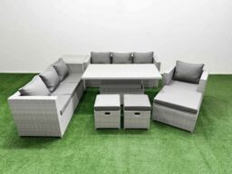 Fimous 7 PCs Rising Dining Table Set Rattan Furniture Set with 3 Seater Sofa in Light Grey - thumbnail 1