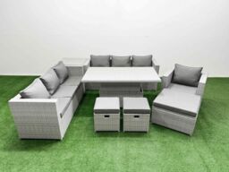 Fimous 7 PCs Rising Dining Table Set Rattan Furniture Set with 3 Seater Sofa in Light Grey - thumbnail 2