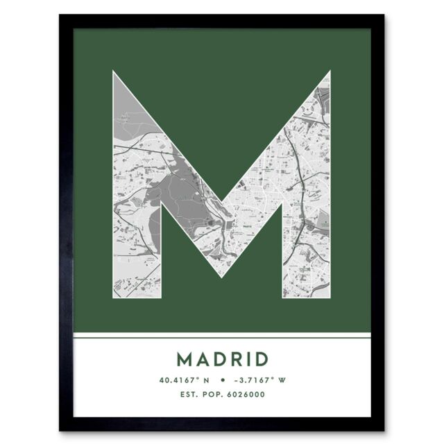"Wee Blue Coo Wall Art Print Madrid Spain City Map Modern Typography Stylish Letter Framed Word in Green - Size: W12"" x H16""" - image 1