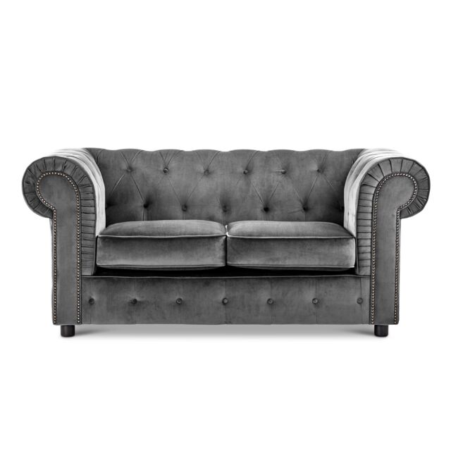 Furnishings For Less UK Ashbourne Chesterfield Large Velvet Fabric 2 Seater Sofa Studded Design in Grey - image 1