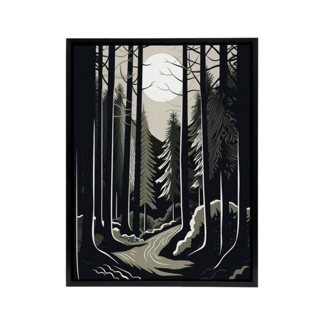"Artery8 Full Moon Over Forest Landscape Framed Canvas Wall Art Print in Black - Size: W12"" x H16""" - image 1