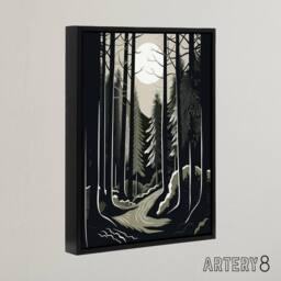 "Artery8 Full Moon Over Forest Landscape Framed Canvas Wall Art Print in Black - Size: W12"" x H16""" - thumbnail 2