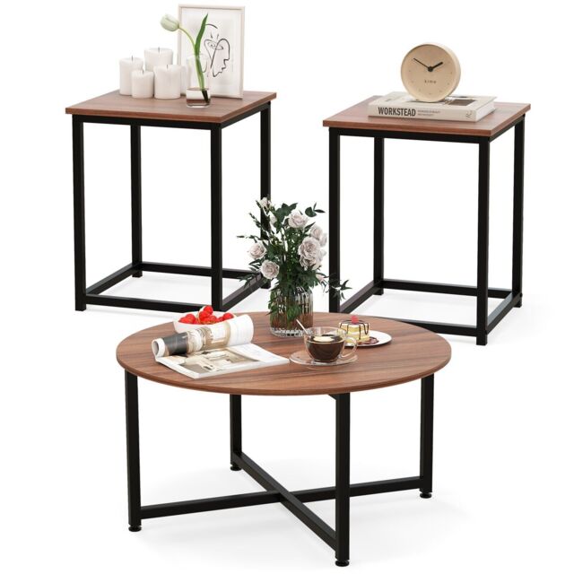Costway Set of 3 Modern Coffee Table Set Round Coffee Table & 2PCS Square End Tables in Brown - image 1