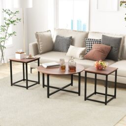 Costway Set of 3 Modern Coffee Table Set Round Coffee Table & 2PCS Square End Tables in Brown - thumbnail 3