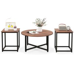 Costway Set of 3 Modern Coffee Table Set Round Coffee Table & 2PCS Square End Tables in Brown - thumbnail 6