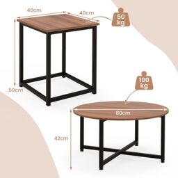 Costway Set of 3 Modern Coffee Table Set Round Coffee Table & 2PCS Square End Tables in Brown - thumbnail 2