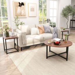 Costway Set of 3 Modern Coffee Table Set Round Coffee Table & 2PCS Square End Tables in Brown - thumbnail 4