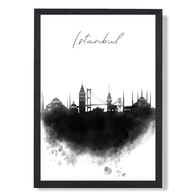 ARTZE Istanbul Watercolour Skyline City Framed Print SIZE: A4 with Black Frame - Size: A3 - image 1