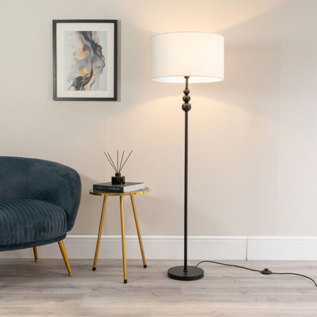 ValueLights Marissa Fabric Drum Shade with Black Stacked Ball Floor Lamp & LED Bulb in White - image 1