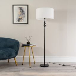 ValueLights Marissa Fabric Drum Shade with Black Stacked Ball Floor Lamp & LED Bulb in White - thumbnail 4