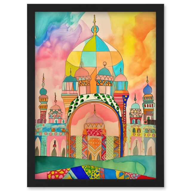 Artery8 Abstract Mosque Islam Folk Art Artwork Framed Wall Art Print A4 in Black - image 1