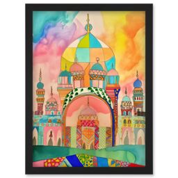 Artery8 Abstract Mosque Islam Folk Art Artwork Framed Wall Art Print A4 in Black - thumbnail 1