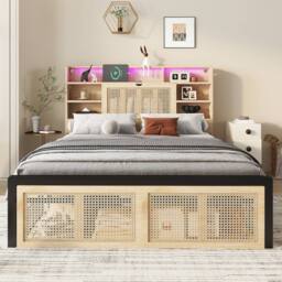 BTM Wooden Bed with Charging, LED & Rattan Storage Drawer in Natural - Size: Single - thumbnail 4