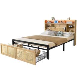 BTM Wooden Bed with Charging, LED & Rattan Storage Drawer in Natural - Size: Single - thumbnail 7