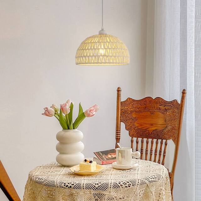 Pheashine White Rattan Woven Pendant Light, E27, Adjustable 130cm, Bulb included in Beige - image 1